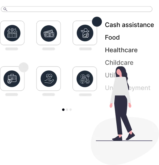 A image with a person managing a dashboard of benefits like childcare, healthcare, and groceries